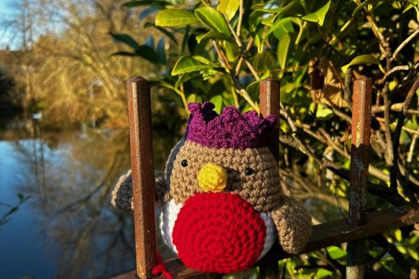 A crochet robin wearing a purple crochet crown sat on a railing in front of a pond