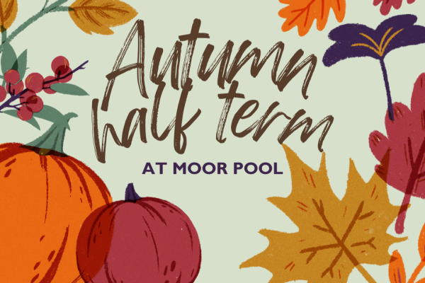 A graphic with the words 'autumn half term' and autumnal imagery